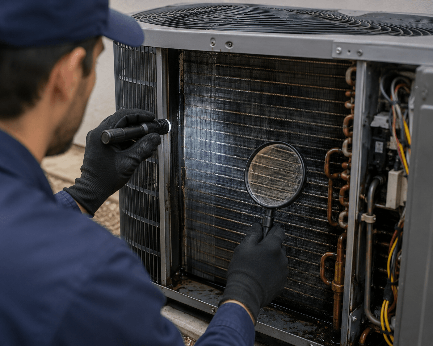 HVAC technician inspecting AC coils for dust, grease, debris, and airflow issues