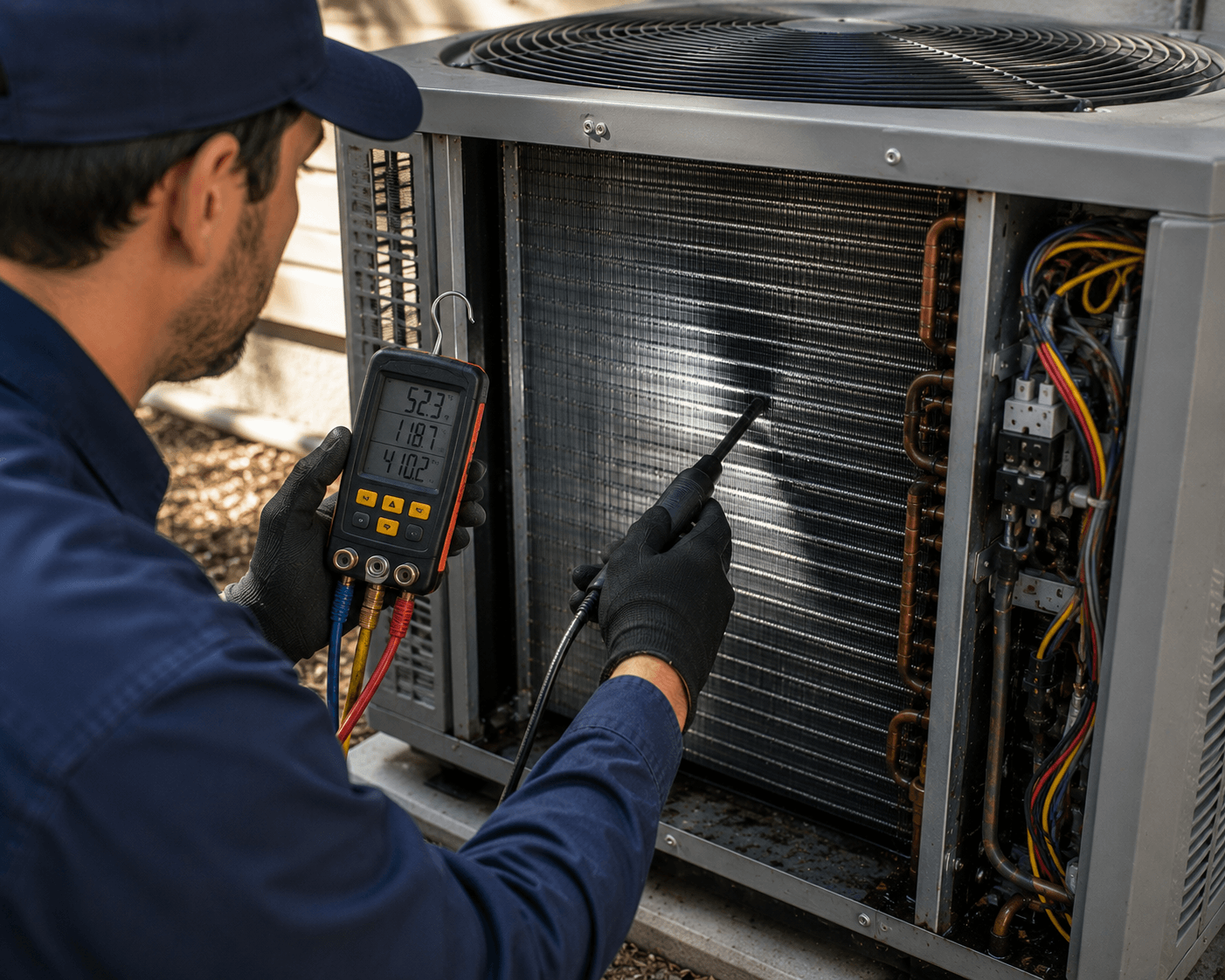 HVAC technician performing final testing on AC coils to verify airflow, heat transfer, and system performance