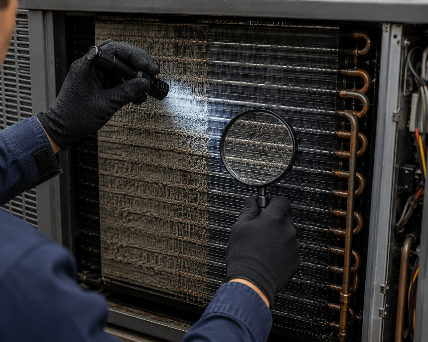 HVAC technician inspecting dirt and debris buildup on AC coils affecting heat transfer