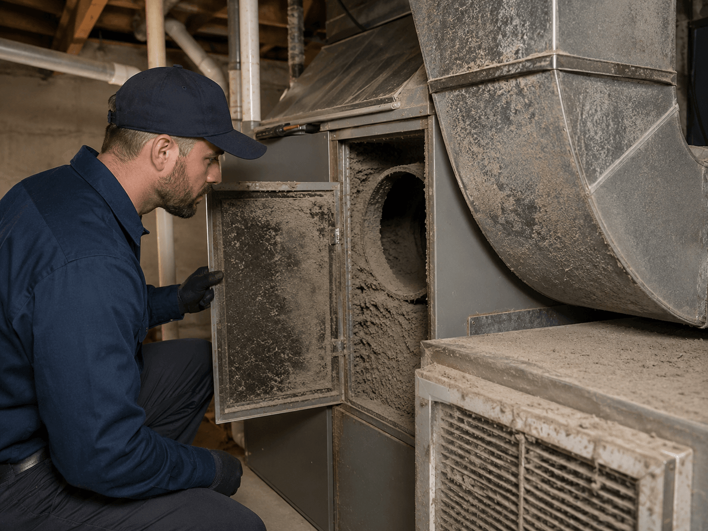 Dirty HVAC air duct system before professional air duct cleaning