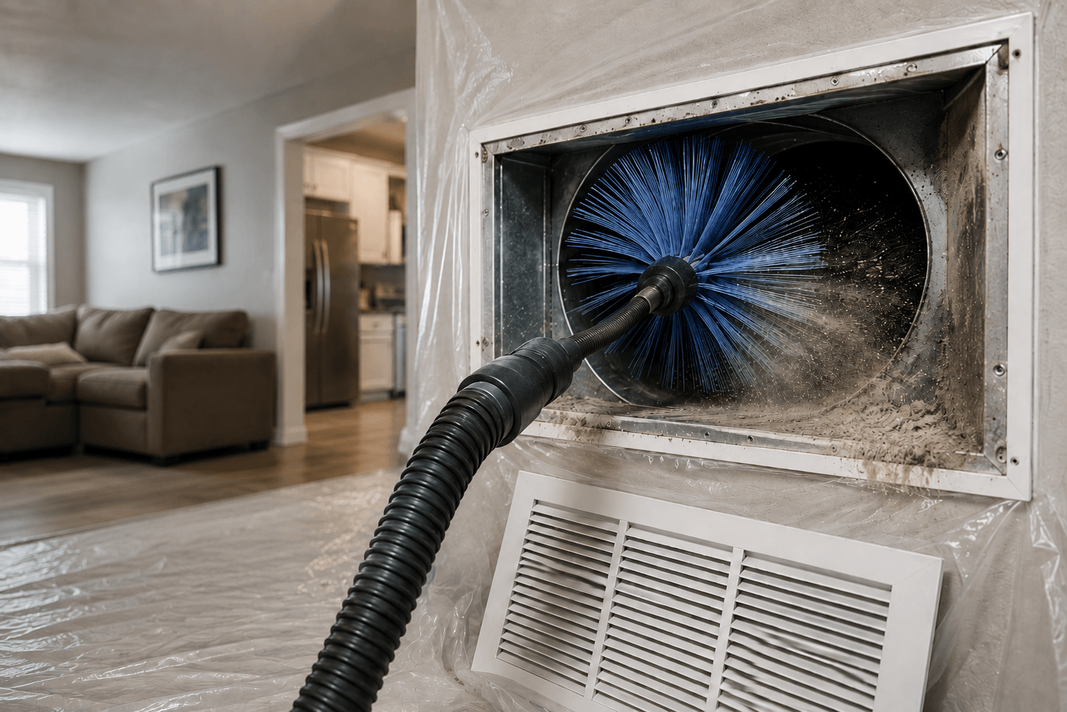 Rotating brush cleaning dust and debris inside an HVAC air duct