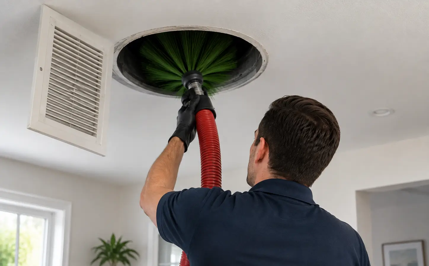 Professional air duct cleaning technician cleaning an HVAC duct