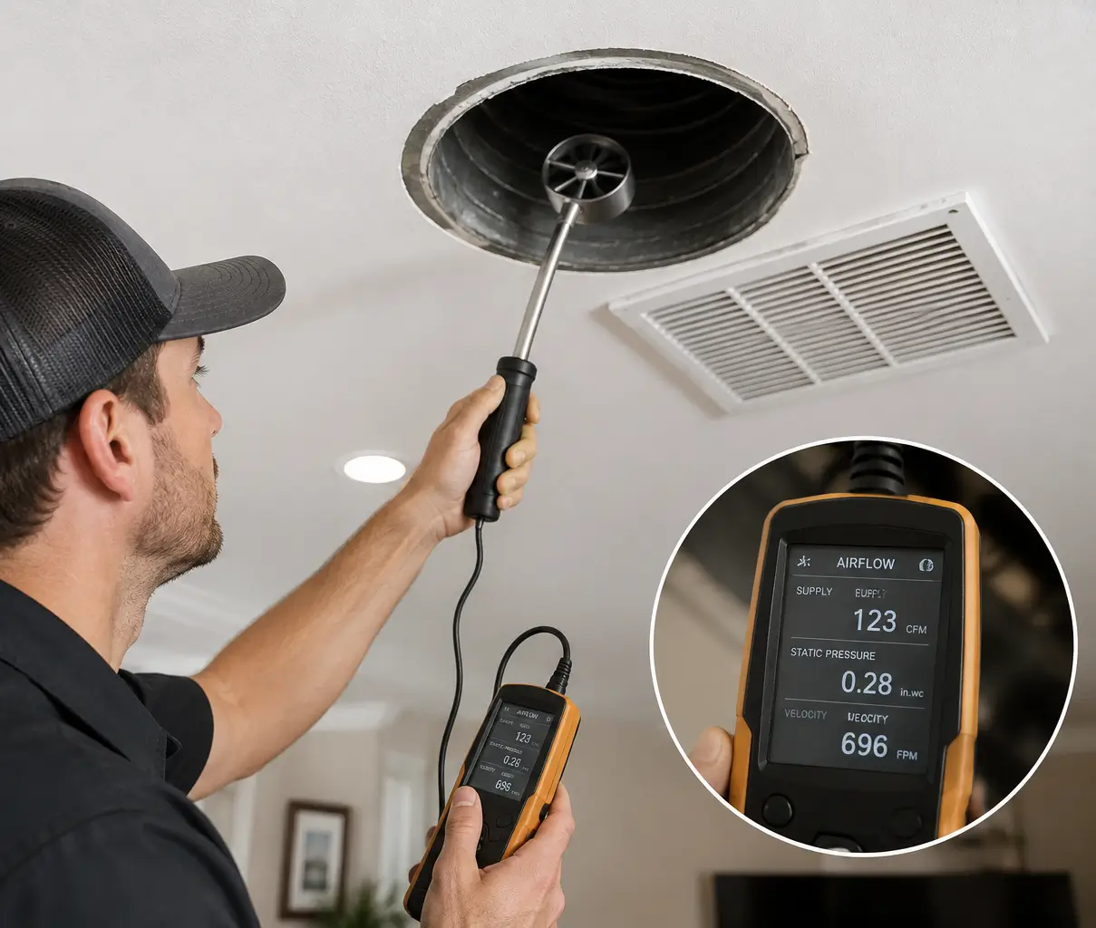 HVAC technician performing airflow analysis on an air duct system