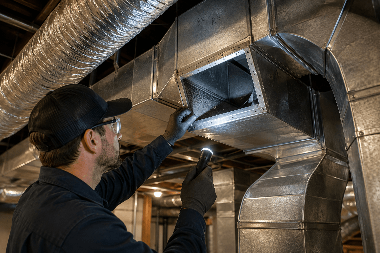 HVAC technician inspecting duct design and access points before air duct cleaning