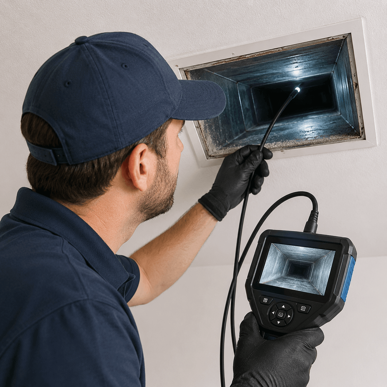 Technician inspecting residential air ducts before cleaning