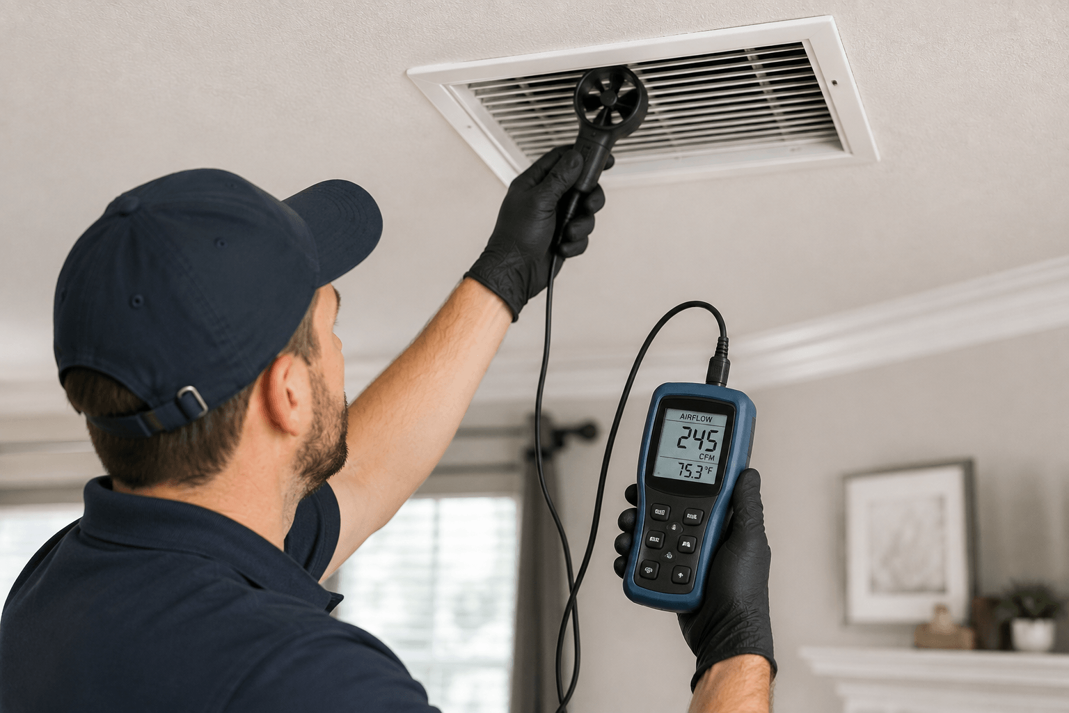 HVAC technician testing airflow at a ceiling air vent