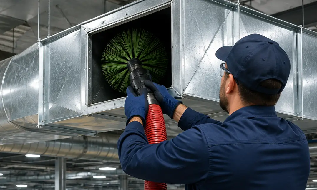 Technician performing large-scale commercial air vent cleaning in an industrial HVAC system