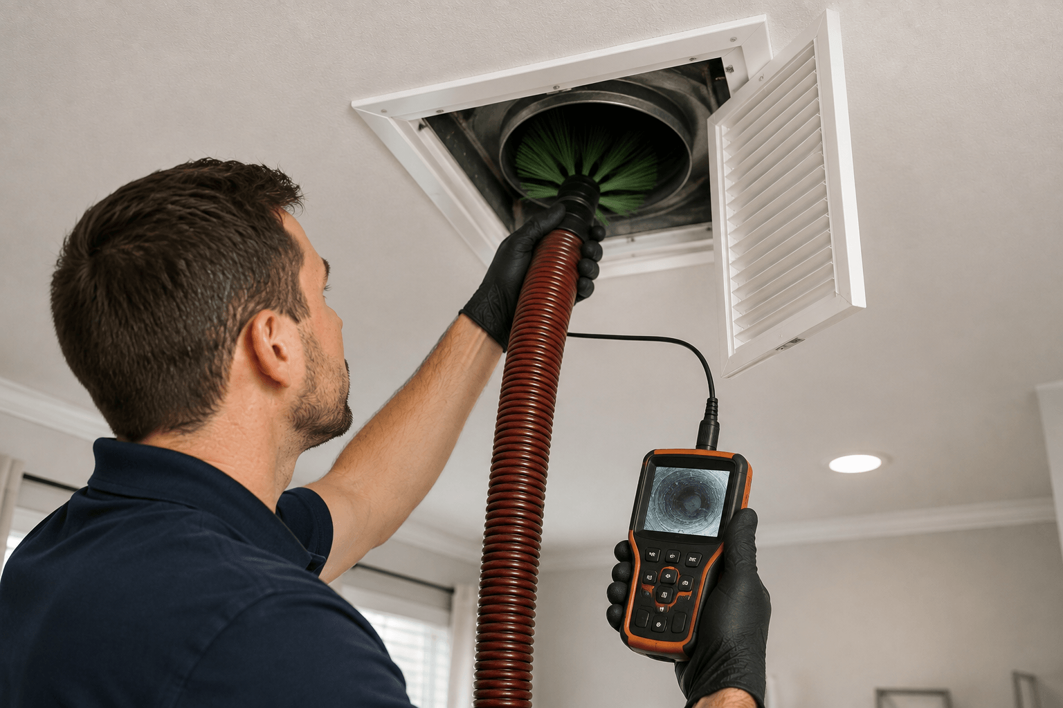 Technician assessing air vent contamination and airflow patterns inside a residential ventilation system