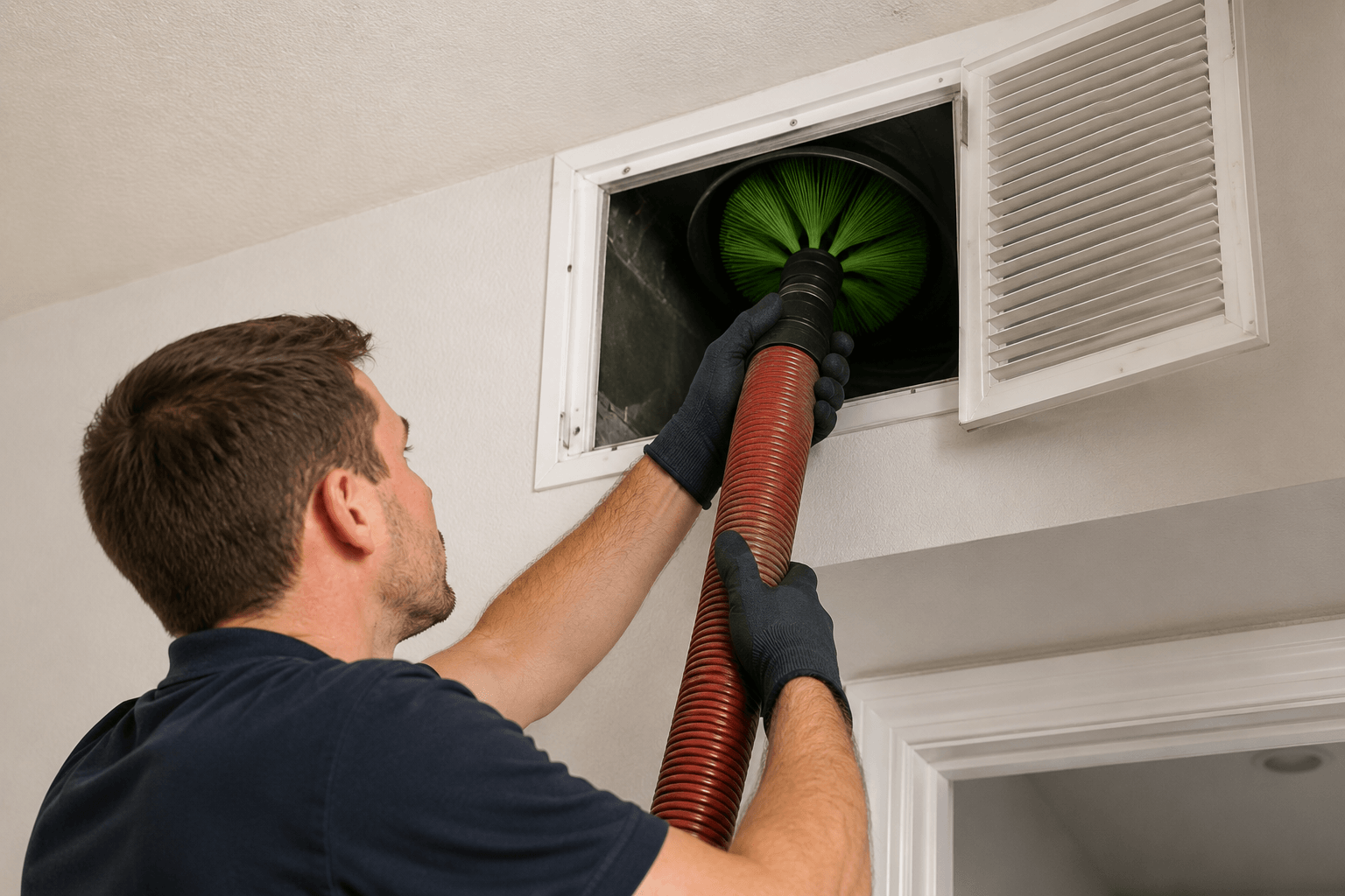 Technician cleaning a residential air vent and removing hidden debris from the ventilation system