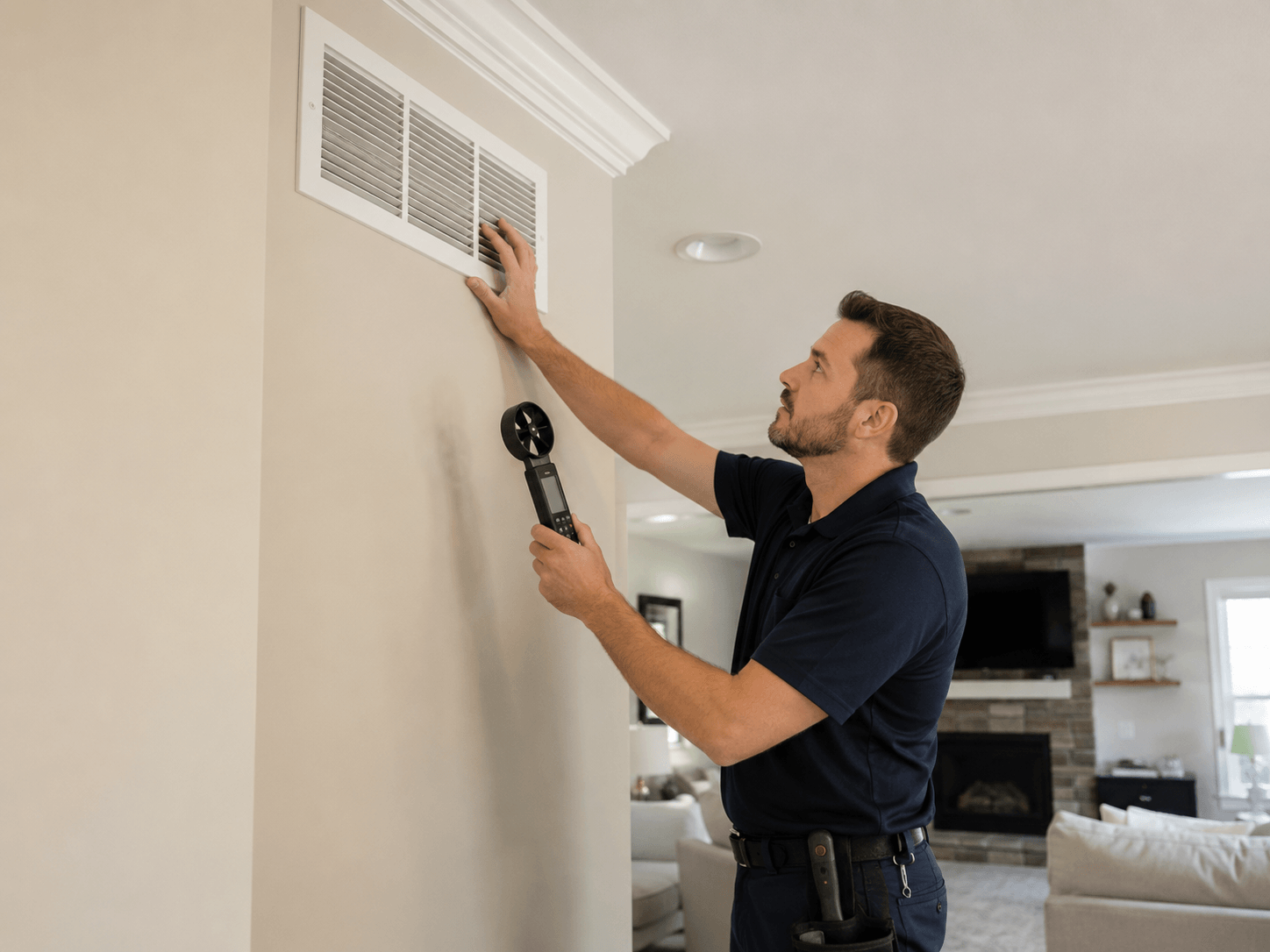HVAC technician checking air vent condition and airflow performance after cleaning