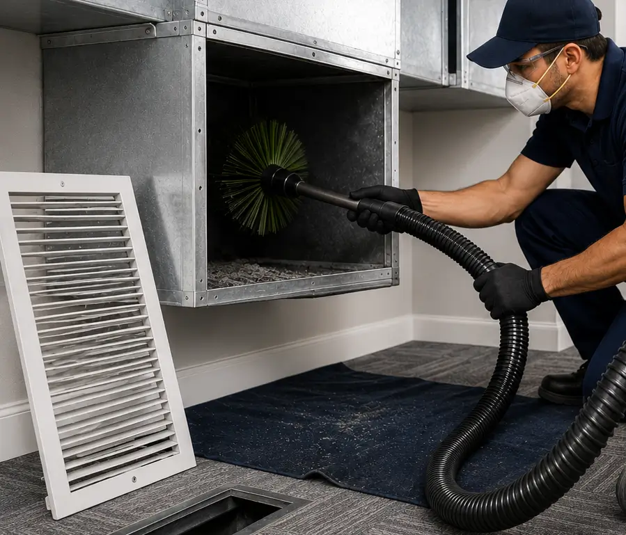 Kemah air duct cleaning technician using a large commercial vacuum system to clean office ductwork
