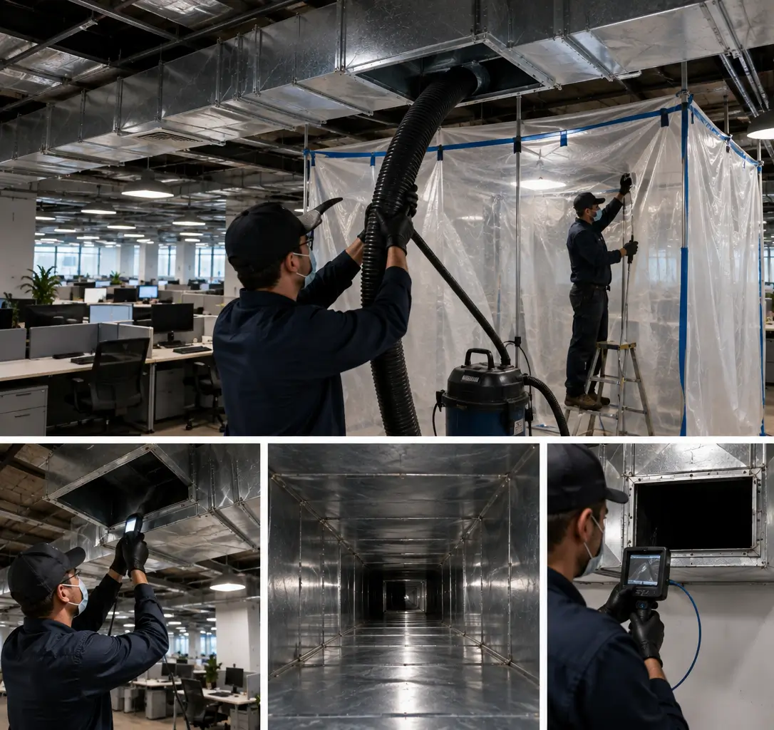 Commercial HVAC duct cleaning while business operations continue by Kemah Air Duct Cleaning Texas