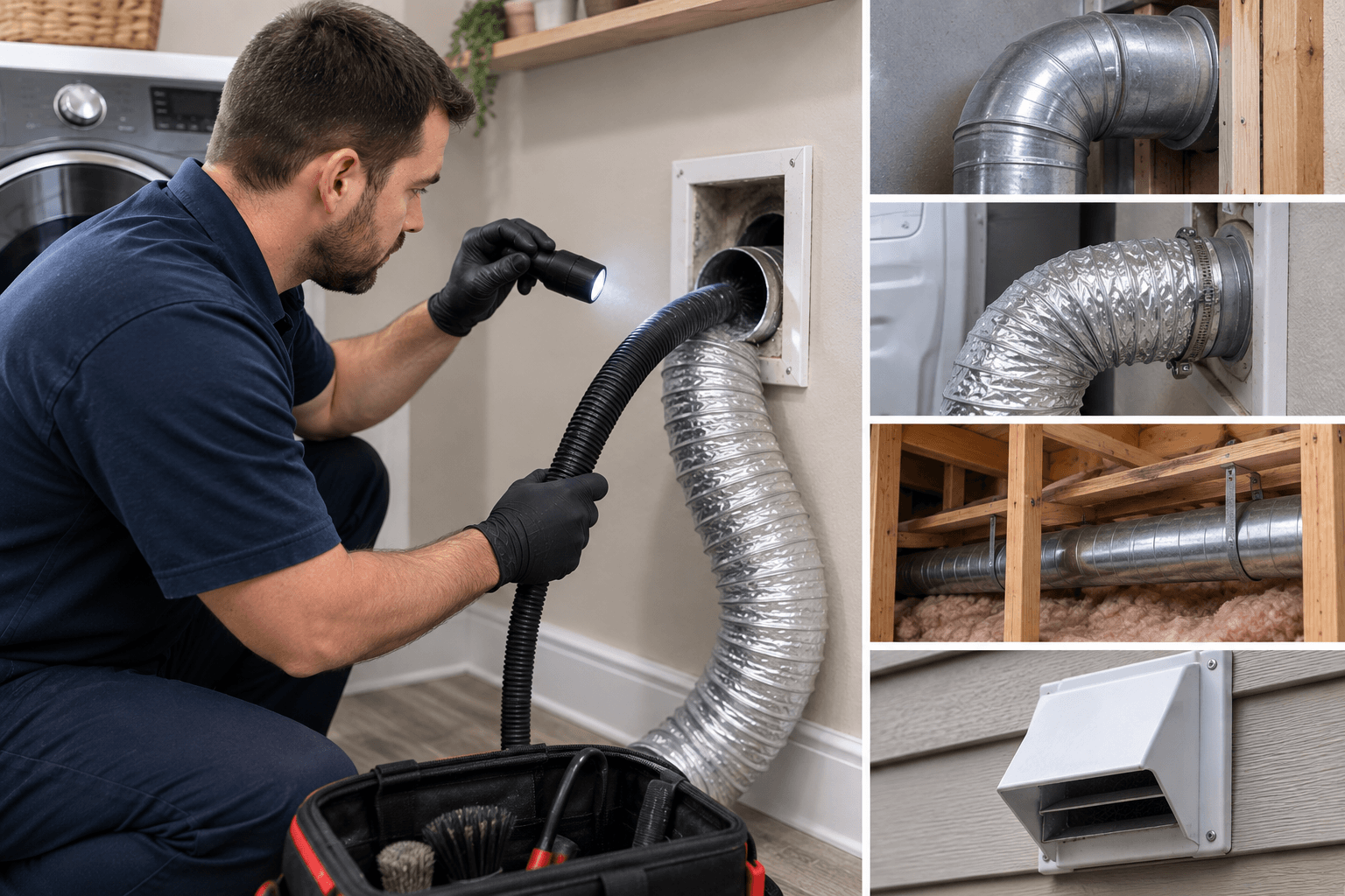 Technician inspecting dryer vent design, duct connections, concealed routing, and exterior termination