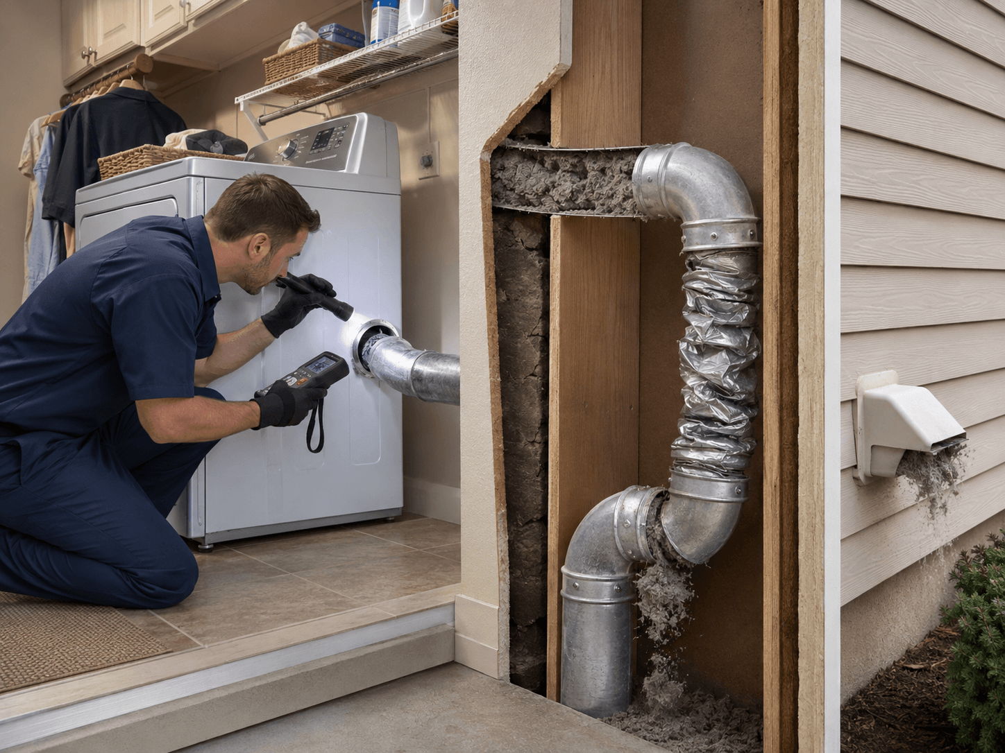 Technician inspecting a clogged and damaged dryer vent system