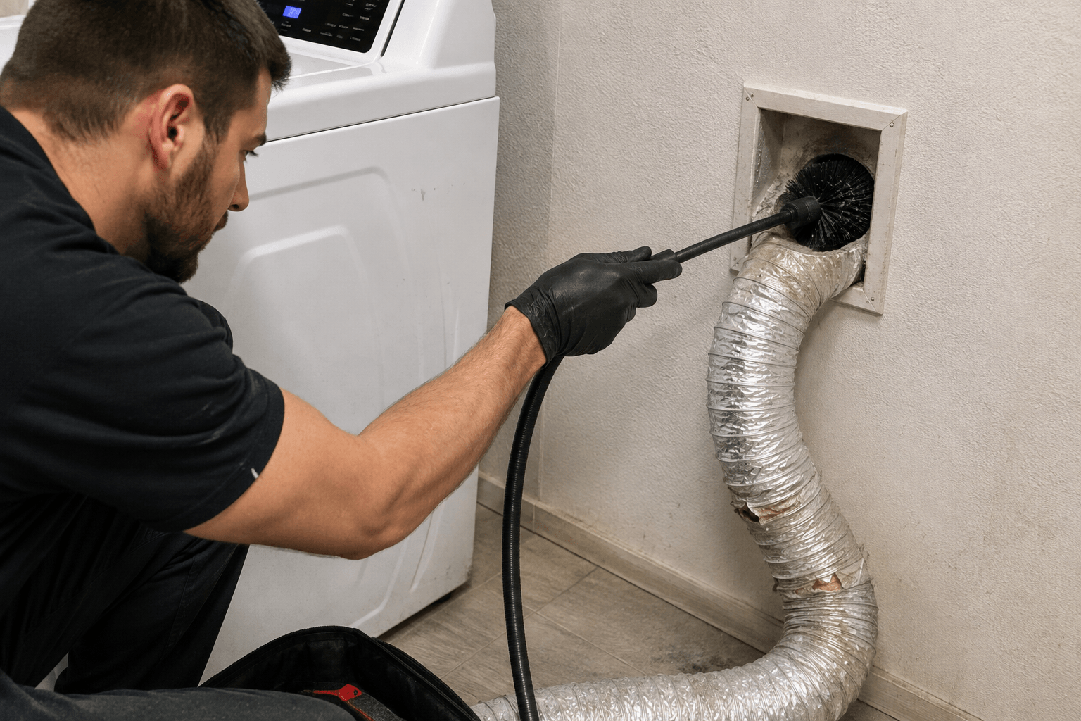 Professional technician inspecting and cleaning a residential dryer vent system