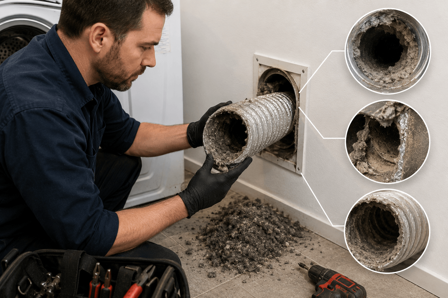 Technician inspecting heavy lint accumulation inside a dryer vent system