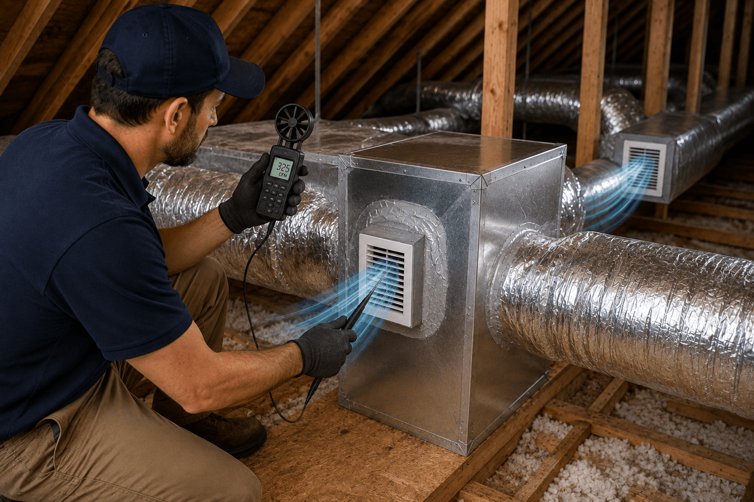 Professional airflow testing after duct repair and sealing by Kemah Air Duct Cleaning Texas
