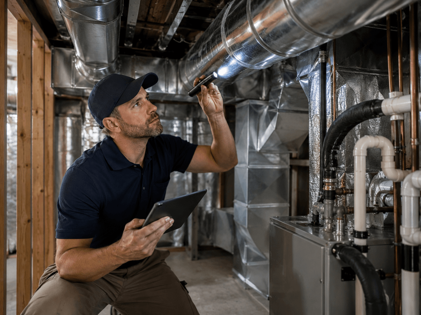 HVAC technician performing a final inspection of clean air ducts