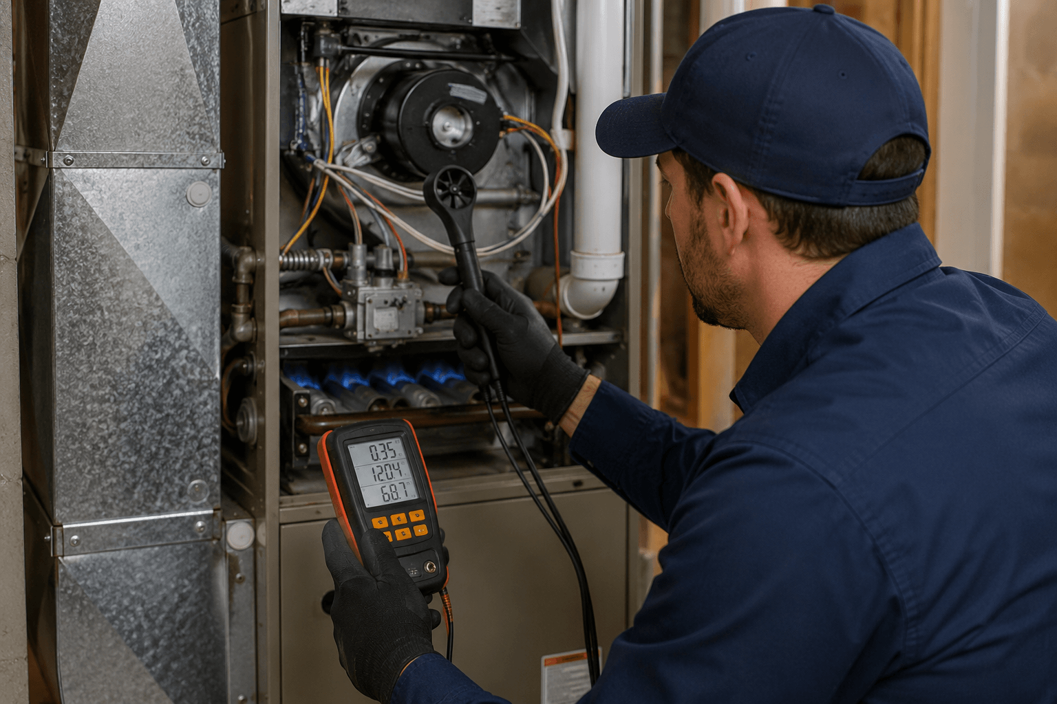 HVAC technician testing furnace airflow and system performance