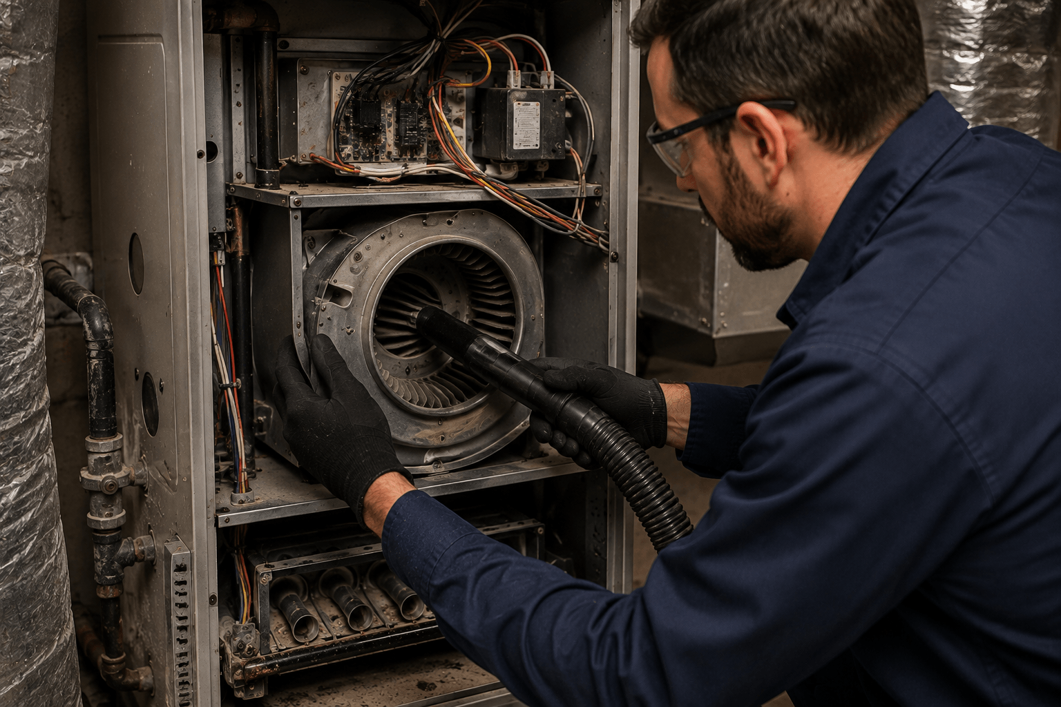 HVAC technician cleaning the furnace blower assembly and internal components