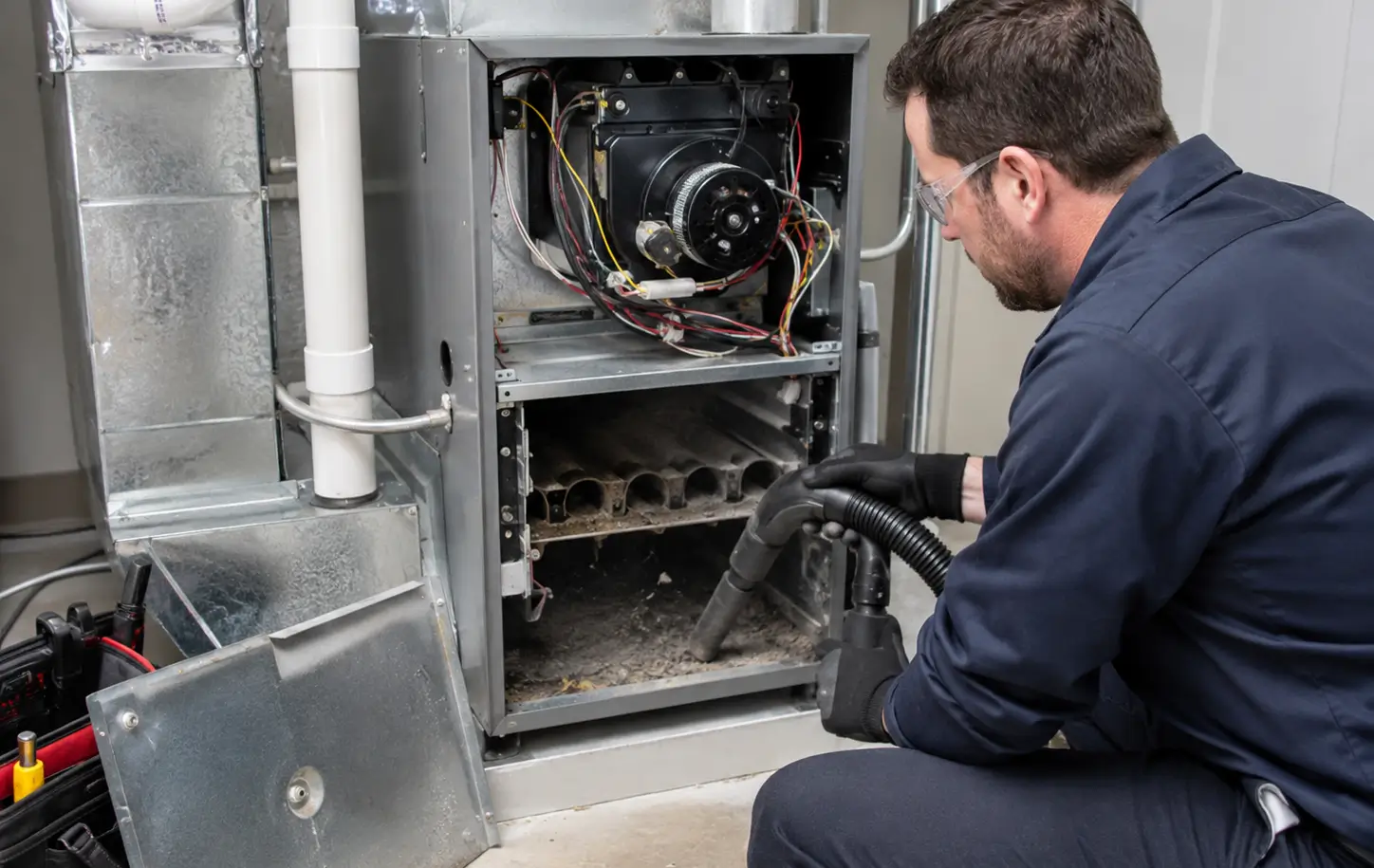 HVAC technician cleaning a residential furnace to improve heating system performance