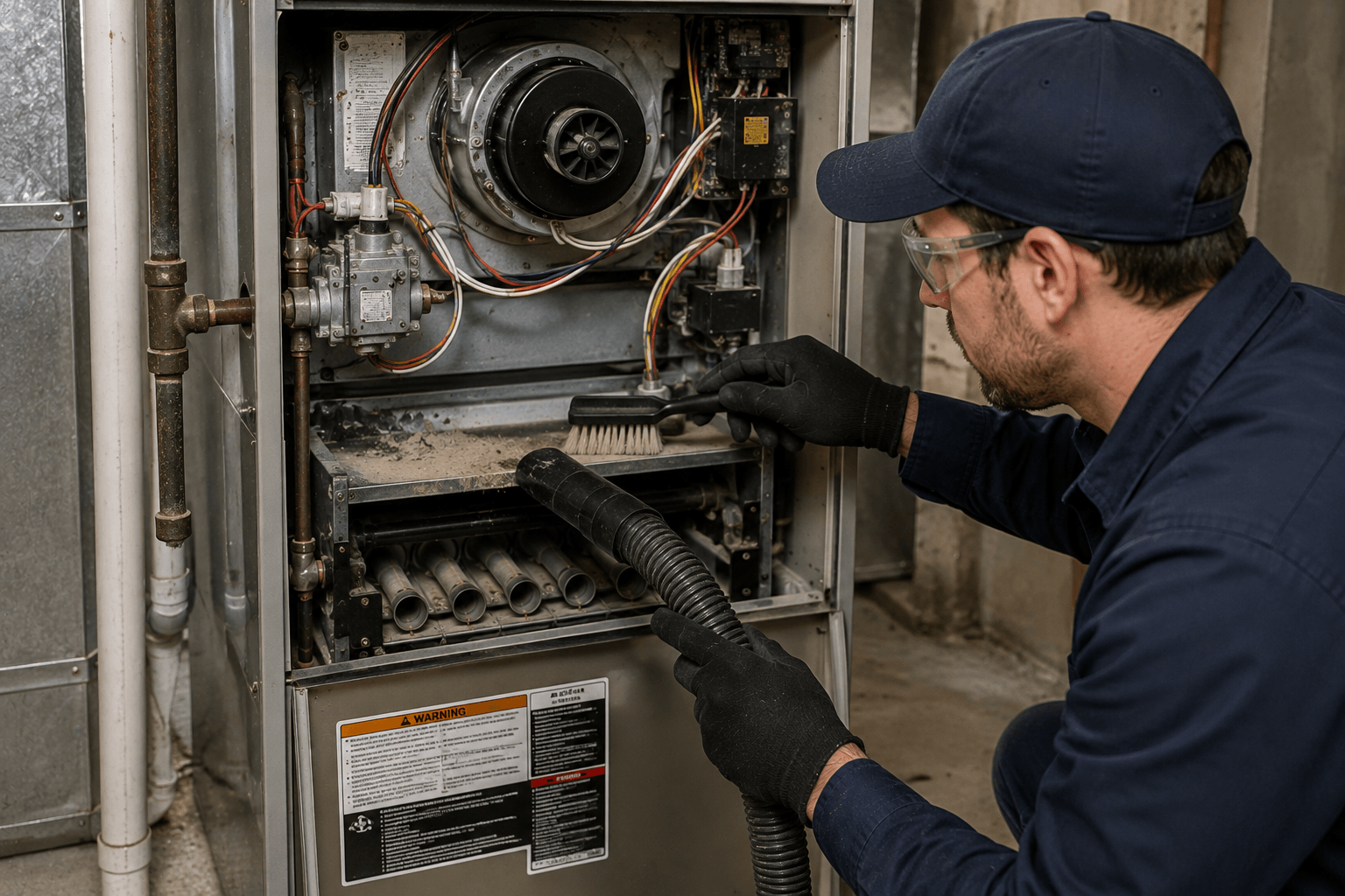 HVAC technician thoroughly cleaning furnace components to support safe and efficient heating performance