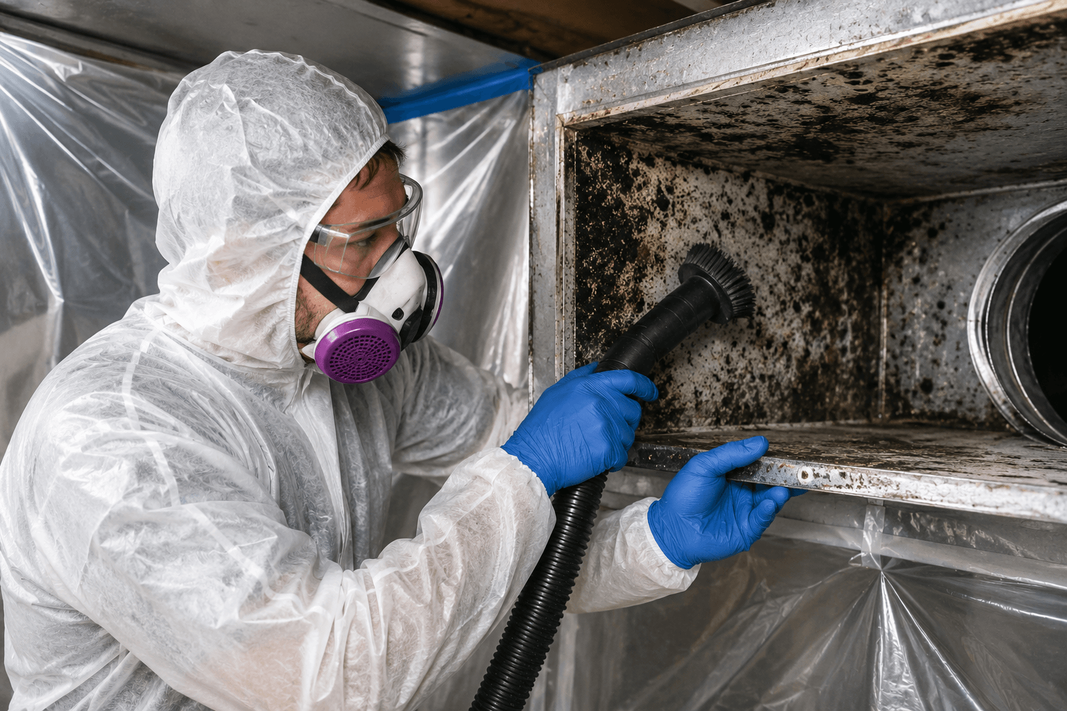 Technician removing mold contamination from HVAC ductwork using professional protective equipment