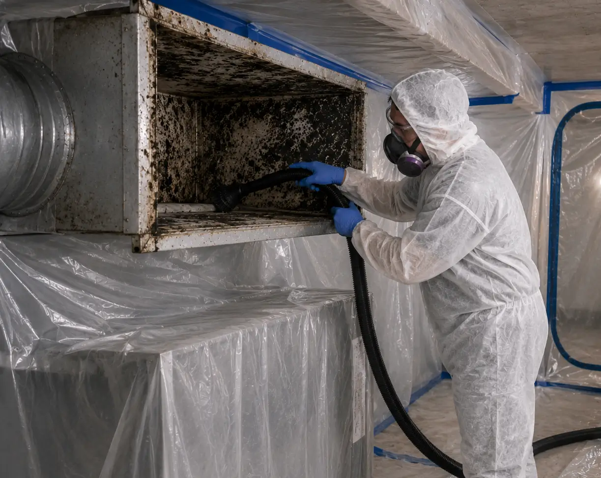 Technician performing mold remediation inside a contained HVAC work area