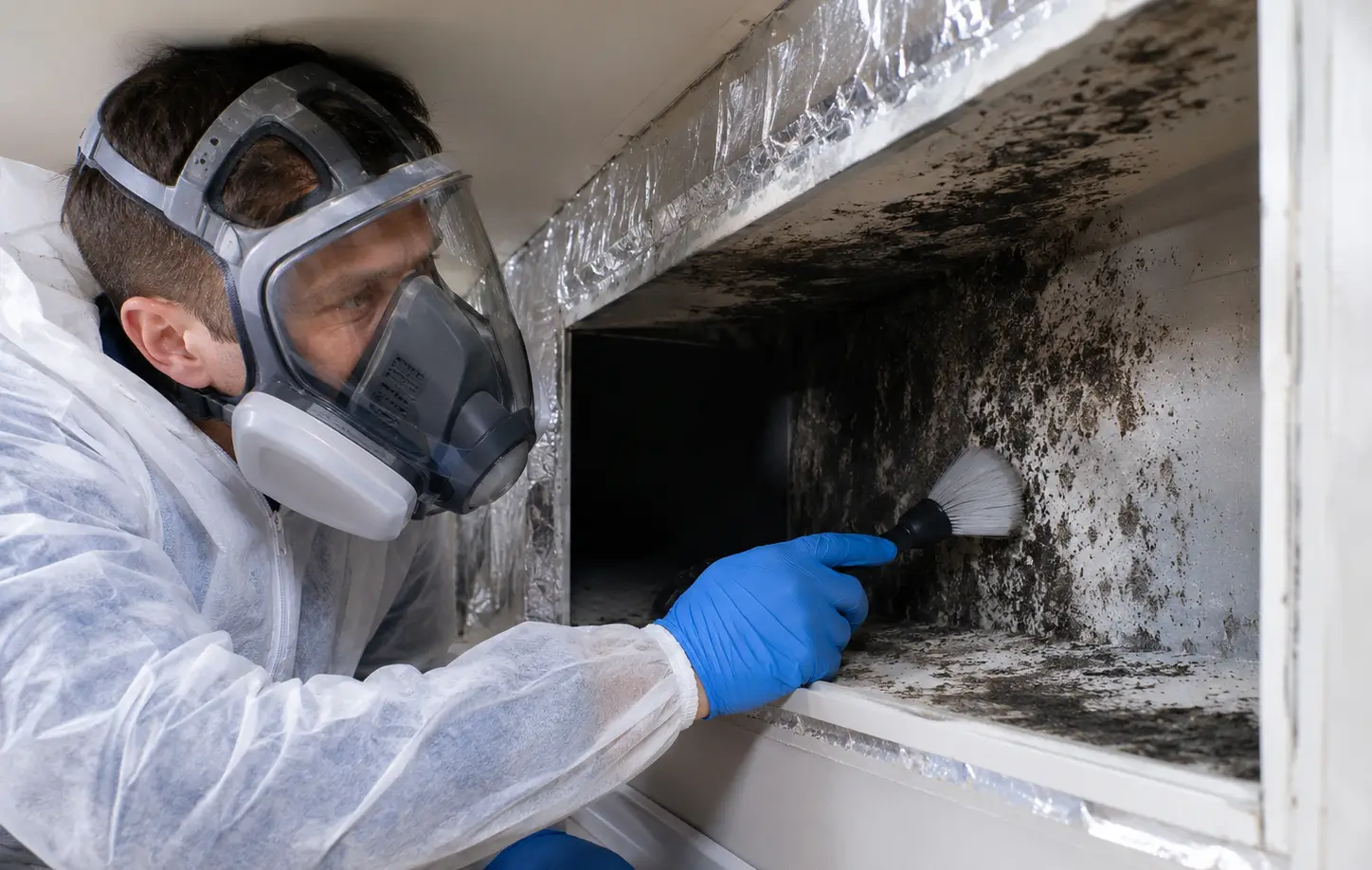 Technician removing mold from HVAC ductwork to improve indoor air quality