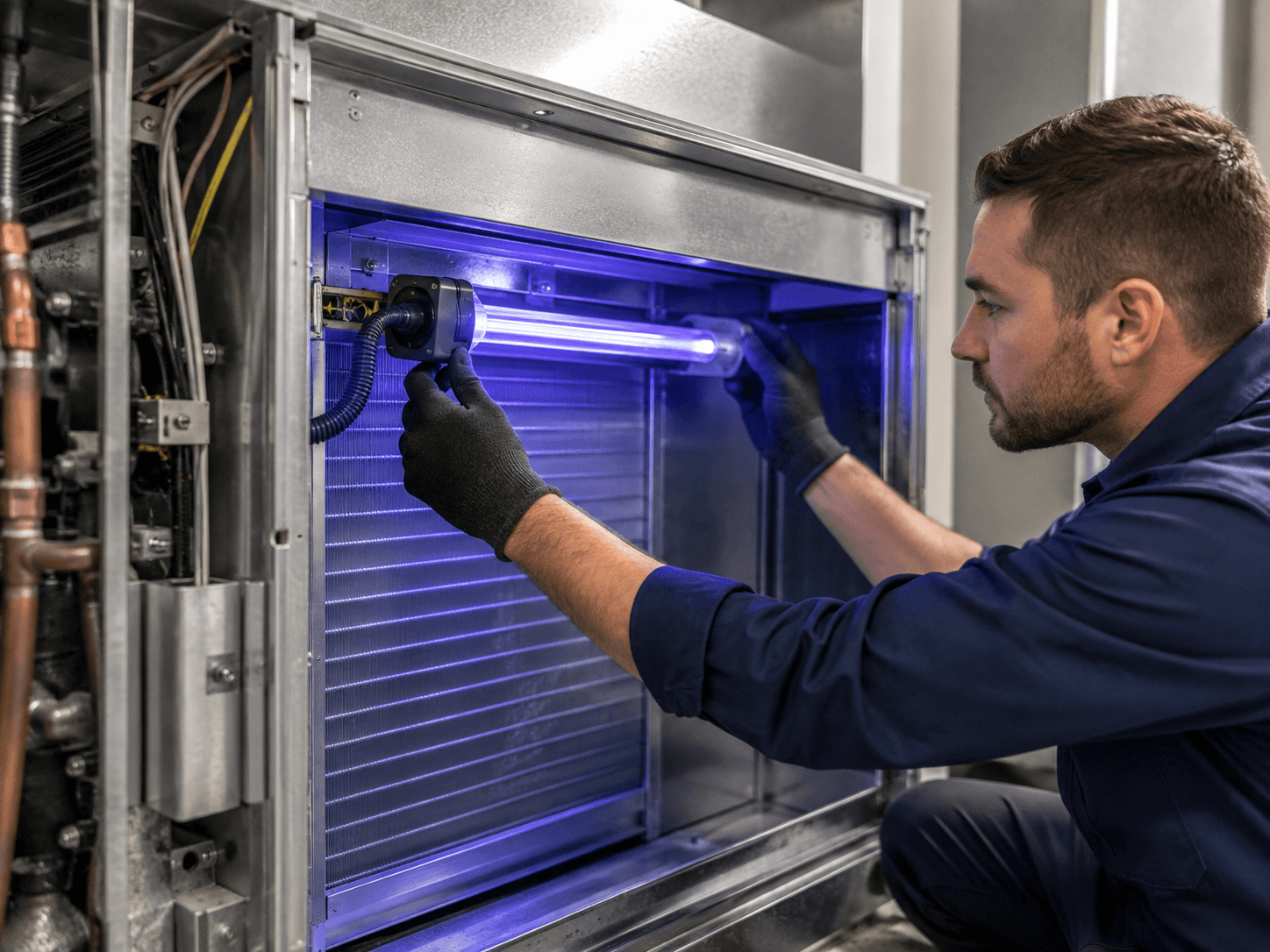 Professional UV light installation inside an HVAC system by Kemah Air Duct Cleaning Texas