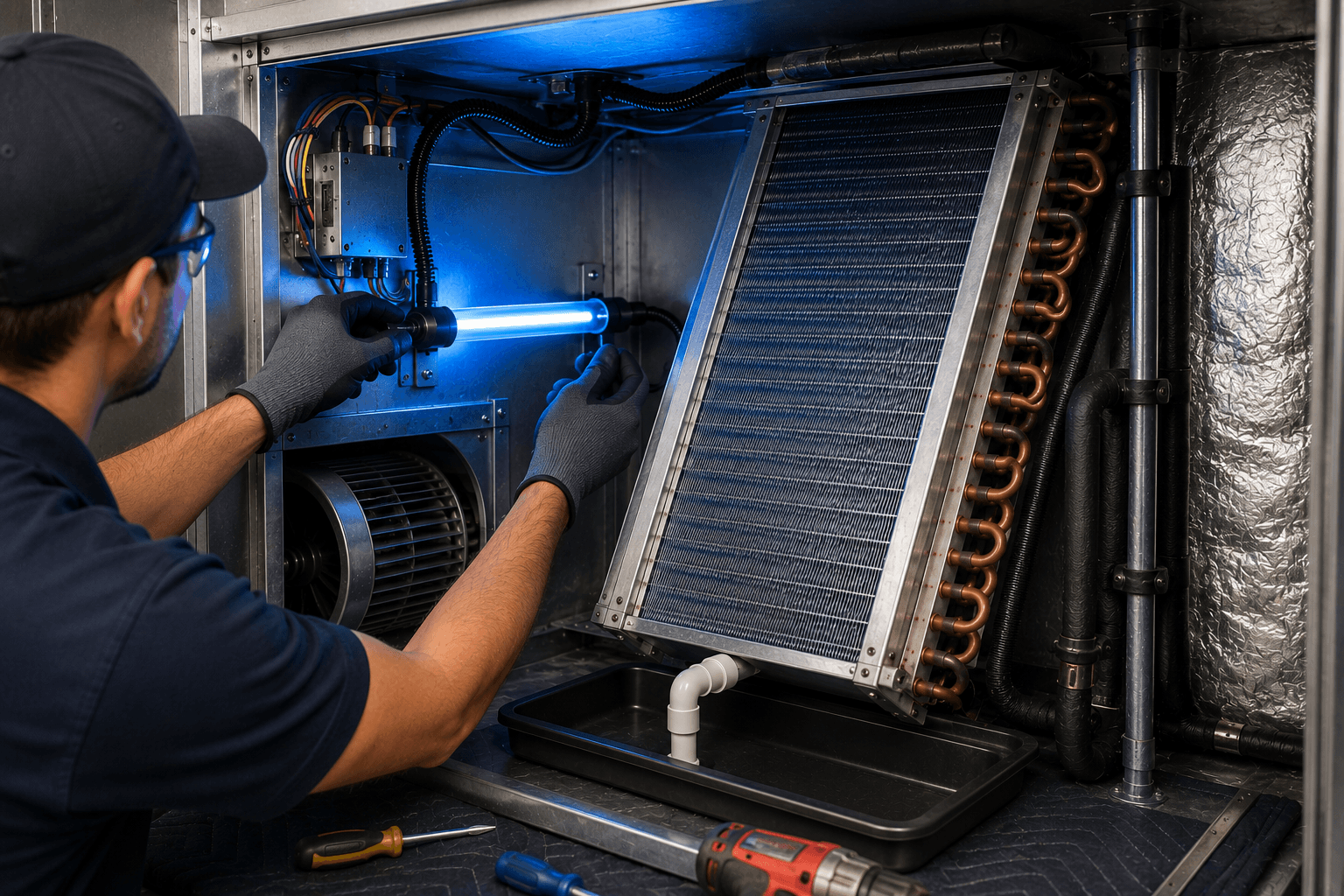Professional UV light installation protecting HVAC components by Kemah Air Duct Cleaning Texas