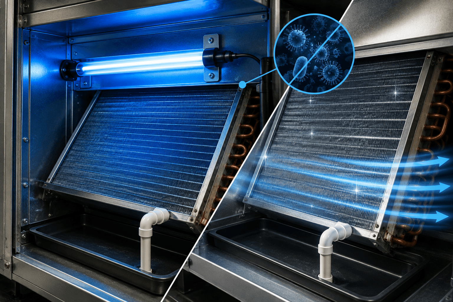 UV light improving HVAC coil cleanliness and airflow performance by Kemah Air Duct Cleaning Texas